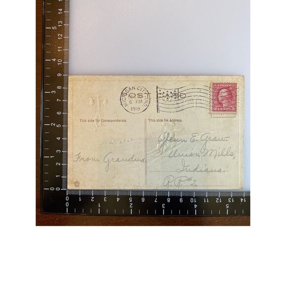 Antique 1918 Ephemera Postcard New Year Wishes Young Child Skiing/Sled Downhill - Picture 3 of 6